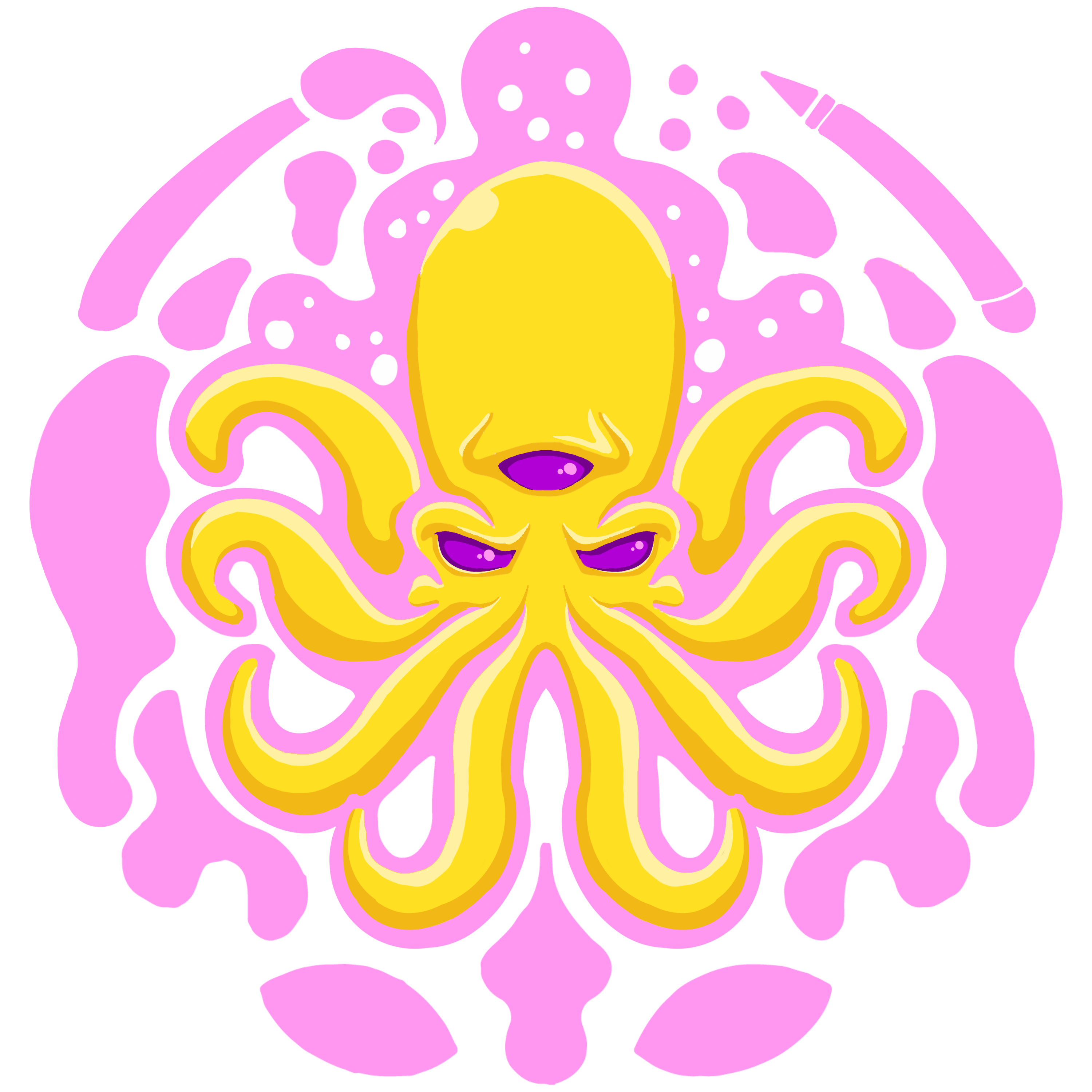 Three eyed octopus surrounded by an abstract ink blot, pen, and brush