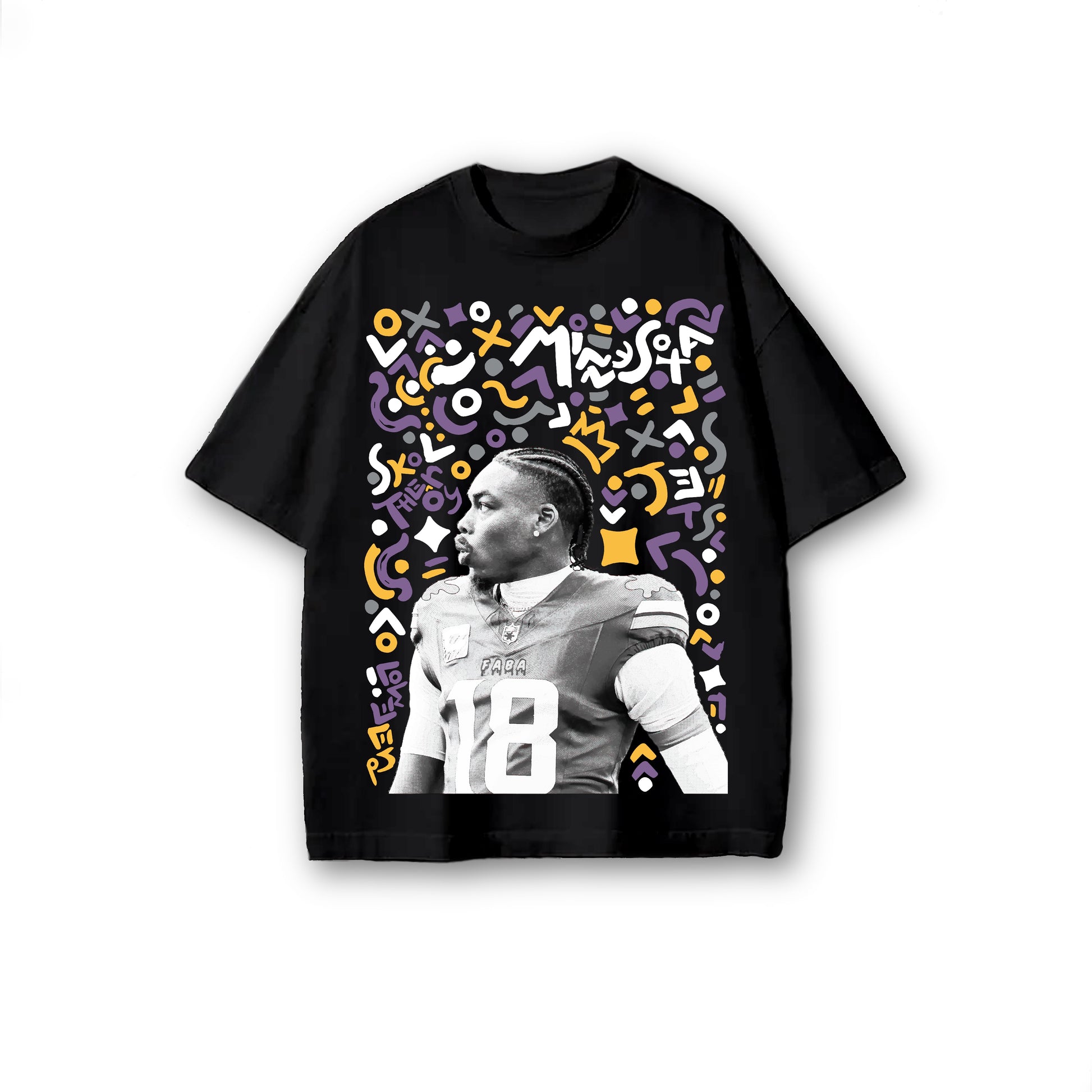 Black t-shirt with a graphic design of a person in a football uniform and colorful abstract patterns on a white background.